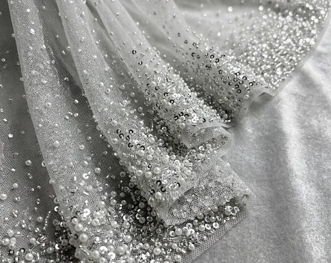 Silver Luxury Beaded Mesh Fabric With Pearls & Sequins | Wedding Dress Lace By The Yard | Prom Gown Fabric