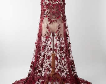 Pearl Beaded Lace with Emily 3D Flowers, Burgundy Floral Mesh Fabric Sold by the Yard