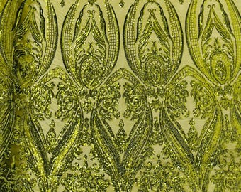 Olive Green Mesh With Sequins, Big Damask Embroidered 4 Way Stretch Fabric Sold by the Yard
