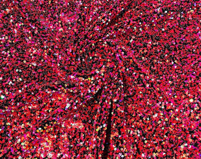 Fuchsia Iridescent All-Over 5mm Shiny Sequins Black Stretch Velvet 54" Wide.