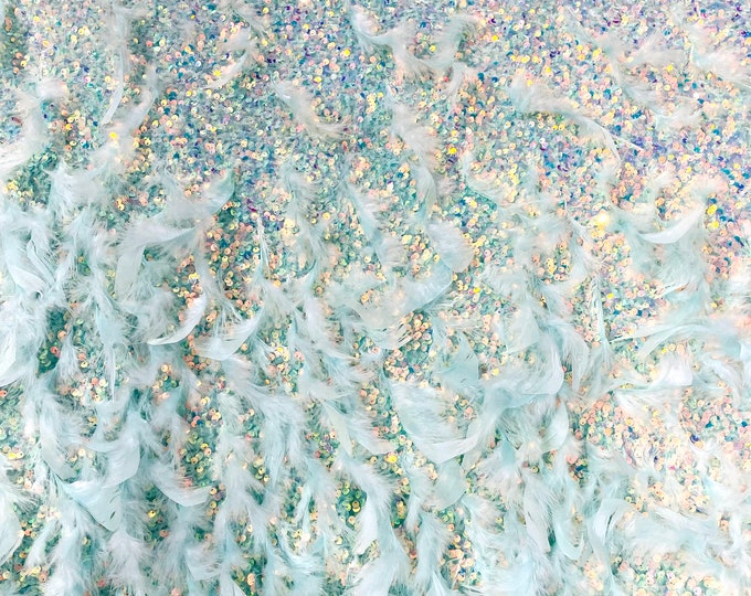 Mint Green Iridescent 5mm sequins on a stretch velvet with feathers  2-way stretch, sold by the yard