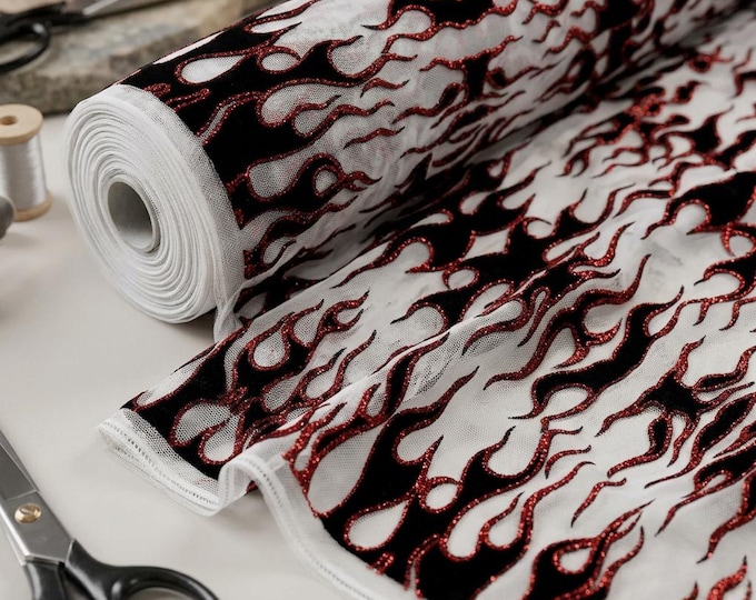 White Flame Fabric 60” Wide | Black Flocked Flames Mesh with Red Glitter | Hot Rod Upholstery, Costume & Fashion Fabric