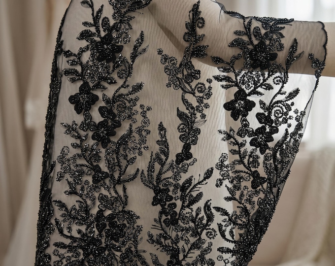 Black Beaded Floral Lace Fabric by Yard, Embroidered Mesh Lace for Bridal Gown Dress Wedding Decor 54 Wide