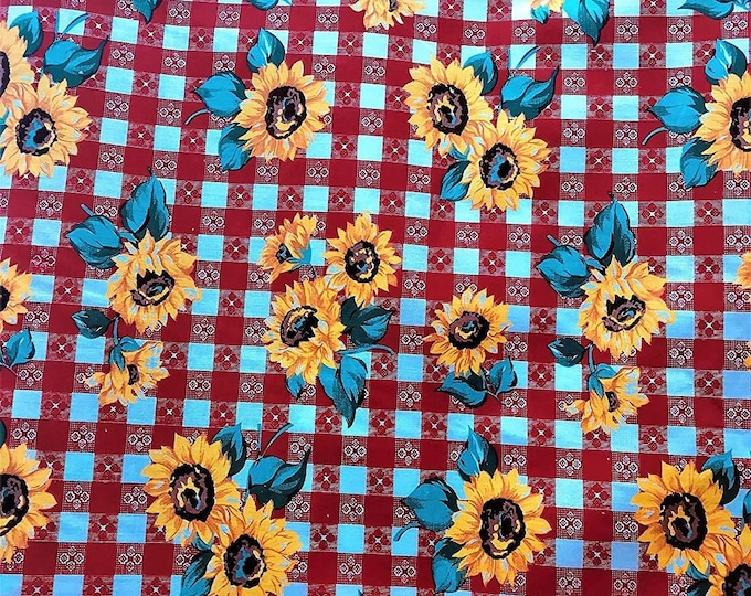 Sunflower On Red 58/59" Wide 65% Polyester 35 percent Cotton Fabric, Sunflower Print, Good to Make Face Mask Covers, Sold By The Yard.