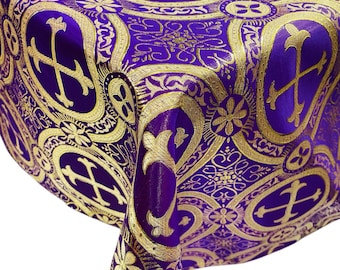 Purple/Gold - Square Metallic Cross Brocade Jacquard Satin Table Overlay/Religious Brocade/Liturgical Fabric/Church.