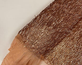 Nude - Vegas Beaded Sequin Stretch Mesh Fabric, Embroidered Design for Prom Gown, by The Yard