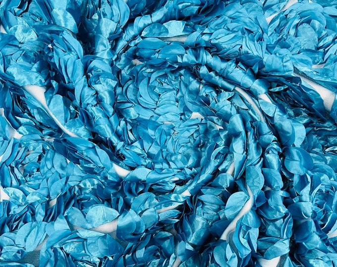 Turquoise 3D Rosette Embroidery Satin Rose Flowers  Floral Mesh Fabric by the yard