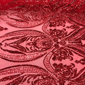 Empire Damask Design with Sequins Embroider On A 4 Way Stretch Mesh Fabric (1 Yard, Red Orange Iridescent on Black Mesh) main image 0