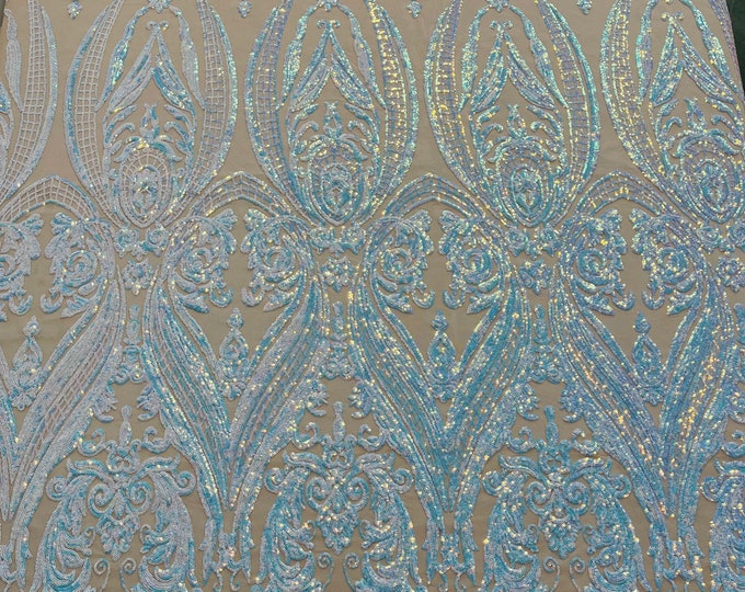Aqua iridescent empire damask design with sequins embroider on a D/Nude 4 way stretch mesh fabric-sold by the yard.