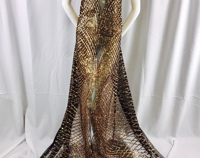 Dk-Gold  venom diamond web-embroider with sequins on a black mesh lace fabric-wedding-bridal-prom-nightgown fabric-dresses-sold by the yard.