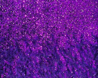 Purple 5mm sequins on a stretch velvet with feathers  2-way stretch, sold by the yard