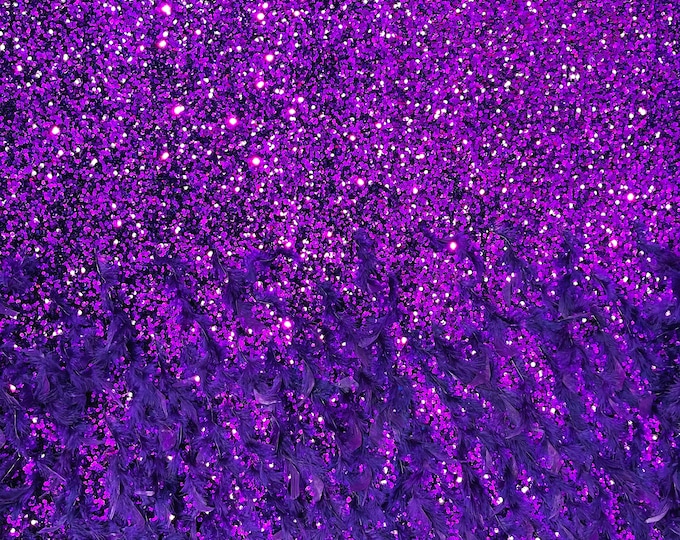 Purple 5mm sequins on a stretch velvet with feathers  2-way stretch, sold by the yard
