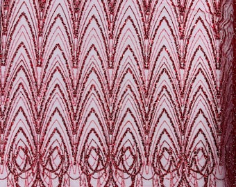 Red - Luxury Chain Geometric Beaded Lace, By The Yard.