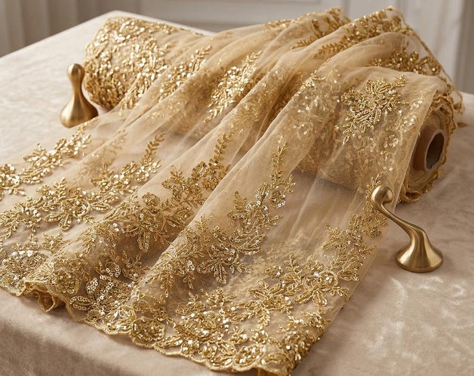 Gold Beaded Mesh Lace Fabric by the Yard, Floral Embroidered Bridal Lace for Wedding Dress, Prom Gown, Couture Fabric