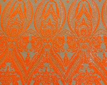 Orange hologram empire damask design with sequins embroider on a nude 4 way stretch mesh fabric-sold by the yard.