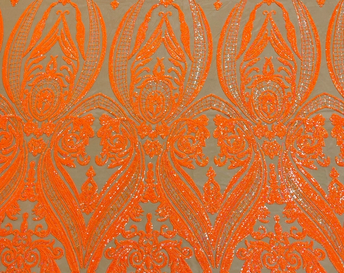 Orange hologram empire damask design with sequins embroider on a nude 4 way stretch mesh fabric-sold by the yard.