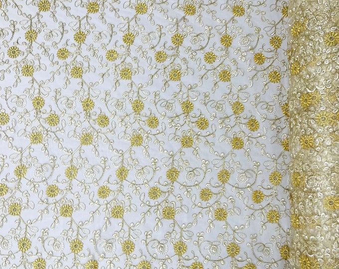 Ivory multi color gold metallic floral design embroider on a ivory mesh lace-dresses-sold by the yard.