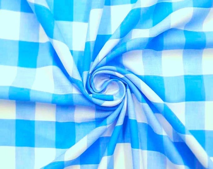 Turquoise Gingham 1 Inch Checkered Poly Cotton 58" Wide Fabric- Sold by the yard