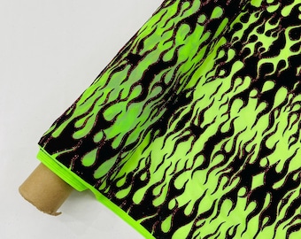 Neon Green - Power Mesh with Black Flocking Flames and Red Glitter Fabric-60” Wide-Hot Rod.