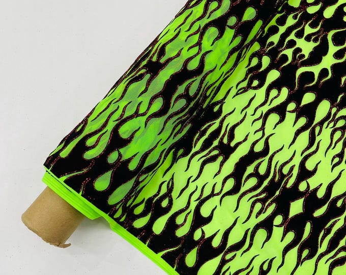 Neon Green - Power Mesh with Black Flocking Flames and Red Glitter Fabric-60” Wide-Hot Rod.