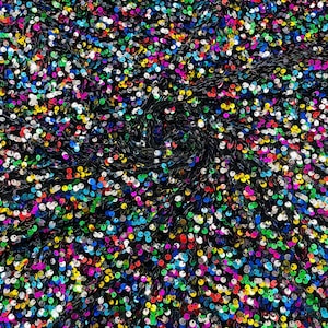 Rainbow On Black stretch velvet with luxury sequins all over 5mm shining sequins 2-way stretch, sold by the yard.