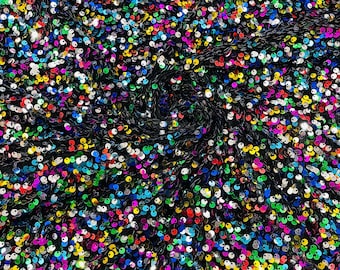 Rainbow All-Over 5mm Shiny Sequins Black Stretch Velvet 54" Wide.