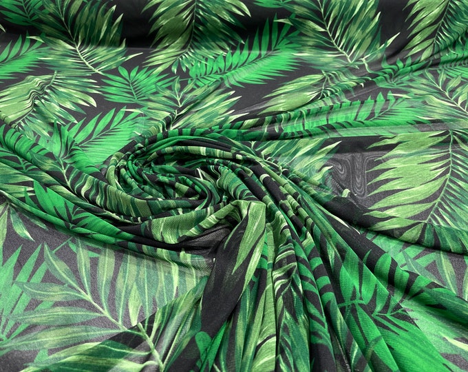 Green leaf design on a Black power mesh 4-way stretch 58"-Sold by the yard.