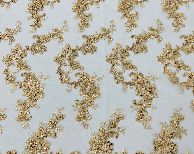 Gold flower lace corded and embroider with sequins on a mesh-Sold by the yard.