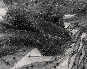 Black Scattered Pearls Studded with silver glitter Black Mesh, 2-Way Stretch, sold by the yard.