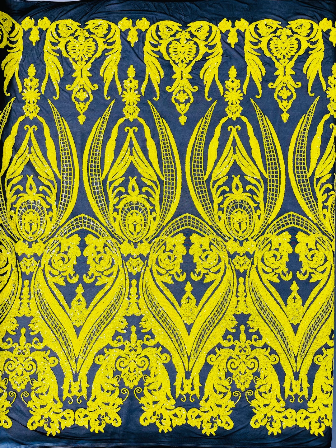Empire Damask Design with Sequins Embroider On A 4 Way Stretch Mesh Fabric (1 Yard, Champagne) main image 1