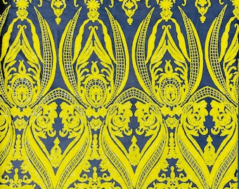 Yellow empire damask design with sequins embroider on a black 4 way stretch mesh fabric-sold by the yard.