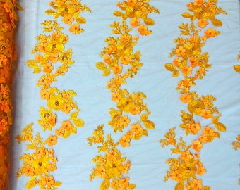 Bright Orange Diana 3d floral design embroider with pearls in a mesh lace-sold by the yard.