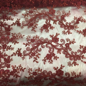 Burgundy corded french design-embroider with sequins on a mesh lace fabric-prom-nightgown-decorations-sold by the yard-