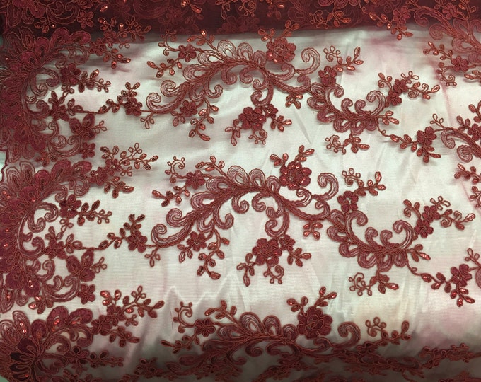 Burgundy corded french design-embroider with sequins on a mesh lace fabric-prom-nightgown-decorations-sold by the yard-