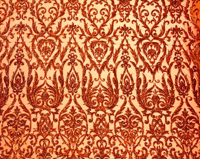 Burnt Orange Holographic King Damask sequin design on a 4 way stretch mesh fabric-prom-sold by the yard.