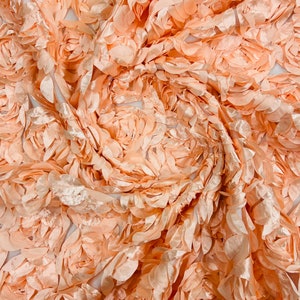 Peach 3D Rosette Embroidery Satin Rose Flowers  Floral Mesh Fabric by the yard