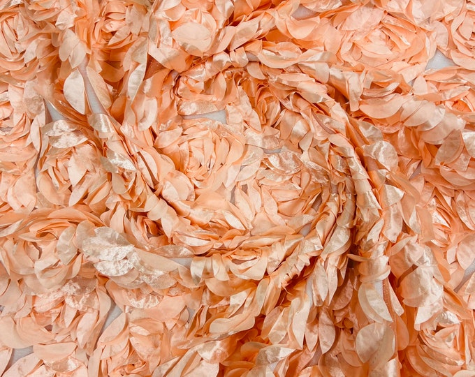 Peach 3D Rosette Embroidery Satin Rose Flowers  Floral Mesh Fabric by the yard