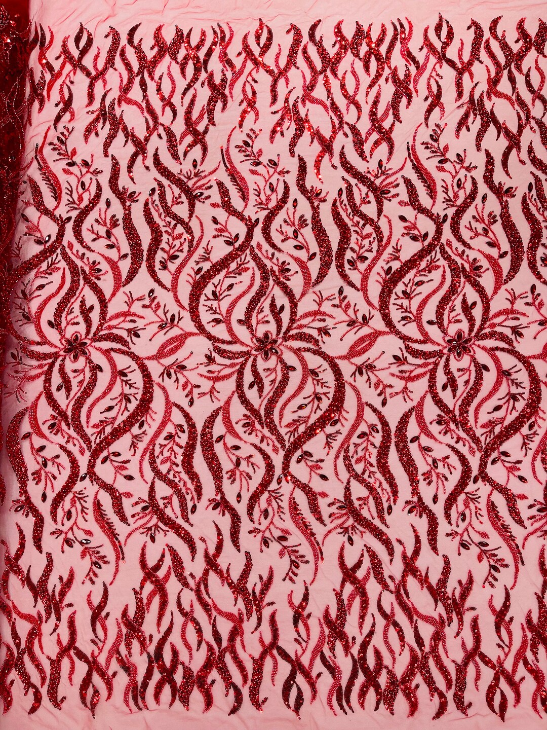 Wings Design Embroider and heavy beading on a mesh lace-sold by the yard. Red