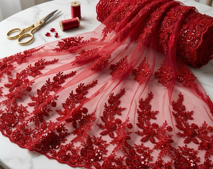 Red Beaded Floral Mesh Lace Fabric By The Yard, Embroidered Bridal Lace For Wedding Dresses, Prom Gowns & Couture Fashion