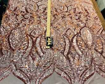 Rose Gold Sequins Design With Feathers On A 4 Way Stretch Mesh Fabric-Prom-Nightgown-Sold By The Yard