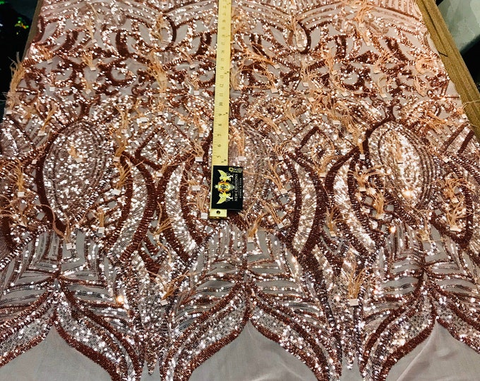 Rose Gold Sequins Design With Feathers On A 4 Way Stretch Mesh Fabric-Prom-Nightgown-Sold By The Yard