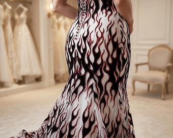 White Flame Fabric 60” Wide | Black Flocked Flames Mesh with Red Glitter | Hot Rod Upholstery, Costume & Fashion Fabric