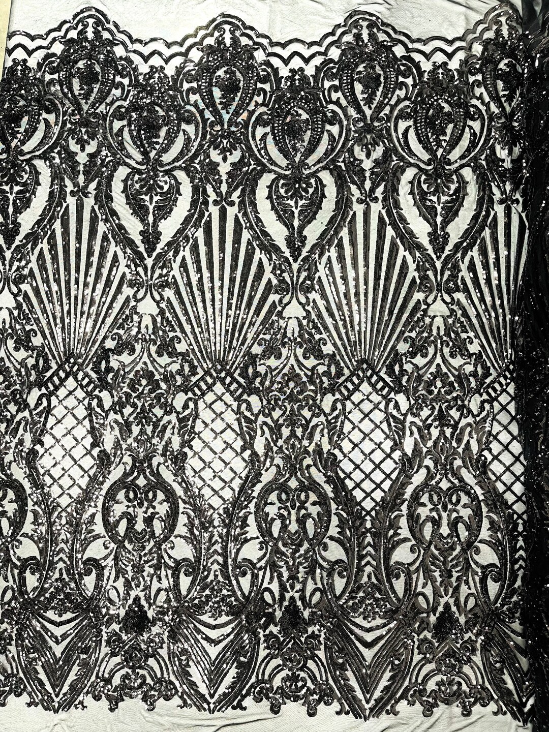Damask Shiny Sequin Shell Design On a 4 Way Stretch Mesh Fabric -Prom-Sold By The Yard. Olive main image 1
