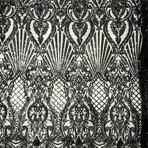 Damask Shiny Sequin Shell Design On a 4 Way Stretch Mesh Fabric -Prom-Sold By The Yard. Royal Blue main image 0