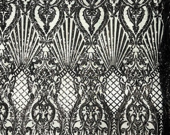 Black shiny sequin shell damask design on a 4 way stretch mesh fabric -prom-sold by the yard.