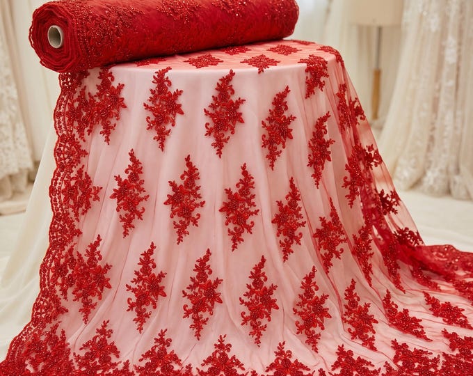 Red Floral Damask Embroidered Beaded Lace Fabric By The Yard, Sequin Mesh Lace For Prom Dresses, Bridal Gowns & Couture Fashion