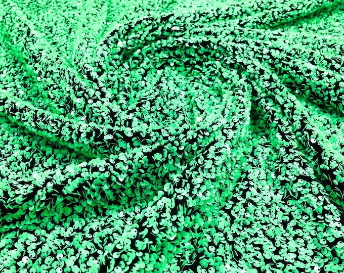 Bright Green stretch velvet with luxury sequins all over 5mm shining sequins 2-way stretch, sold by the yard.