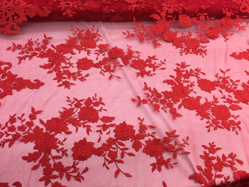 Red flowers enbroider on a 2 way stretch mesh lace.weddingBridalPromNightgown fabric-apparel-fashion-dresses-Sold by the yard.