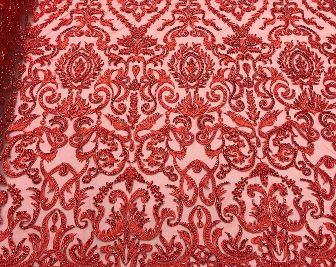 Red floral damask embroider and heavy beaded on a mesh lace fabric-sold by the yard-