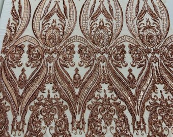 Rose gold empire damask design with sequins embroider on a nude 4 way stretch mesh fabric-sold by the yard.